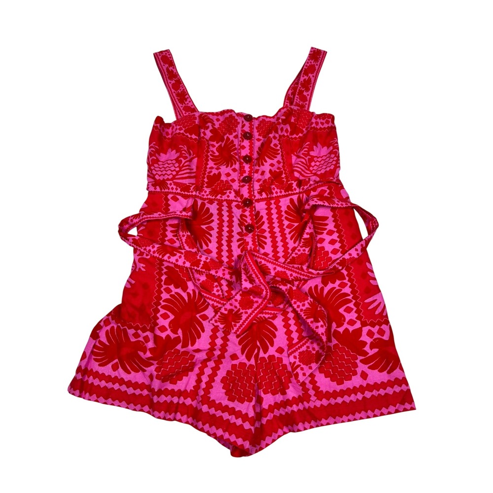 NWT Farm Rio Jungle Scarf Red Pink Linen Blend Romper Button Front Sleeveless M